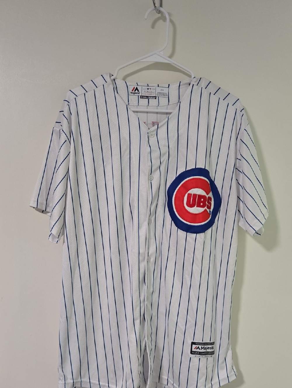 Chicago Cubs Pinstripe Baseball Jersey - White & Royal Blue with Red Logo